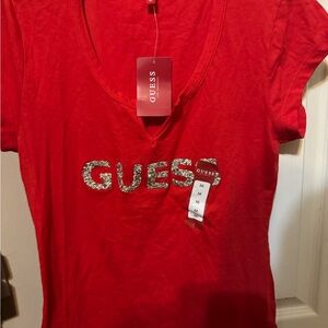 Guess Red Fitted Short Sleeve T-Shirt with Silver Embellishments